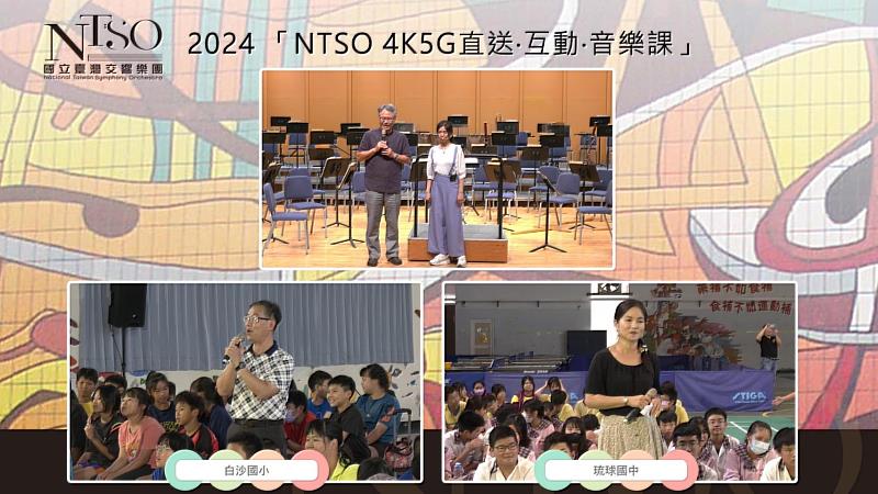 2024「NTSO 4K5G直送‧互動‧音樂課」運用三地畫面同框顯示，國臺交劉玄詠團長及三地的主持人和學子觀眾們可以同時進行三地連線互動