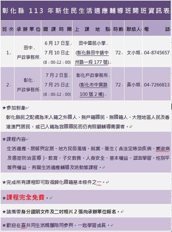 新住民生活適應輔導班開班資訊
