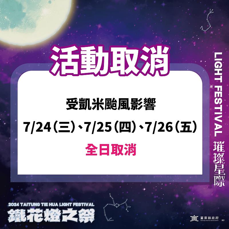 受凱米颱風影響 臺東縣府取消7/24至7/26熱氣球嘉年華與鐵花燈之祭活動 原訂7/25鹿野高台光雕音樂會延期至8/2舉行