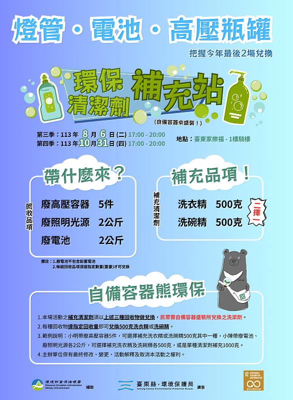 推動臺東縣永續循環 環保局8月及10月續辦兩場次燈管、電池、高壓瓶罐回收宣導活動