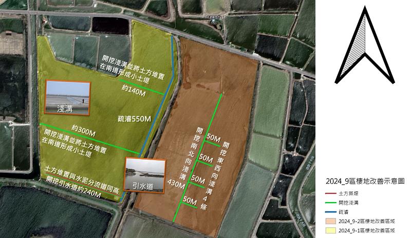 林業保育署嘉義分署與高雄市野鳥學會合作，於布袋九區鹽田濕地推動棲地營造，挖掘4條東西向延伸約50公尺的淺溝、南北向淺溝約430公尺，操作中央溝渠疏濬及土堤堆置，營造多樣化高程的水鳥棲地