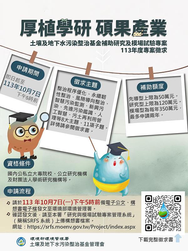 113年度土壤及地下水污染整治基金補助研究及模場試驗專案 公開徵求囉!!