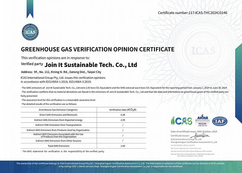 （圖）在一起永續科技股份有限公司取得美國ANAB溫室氣體排放認證