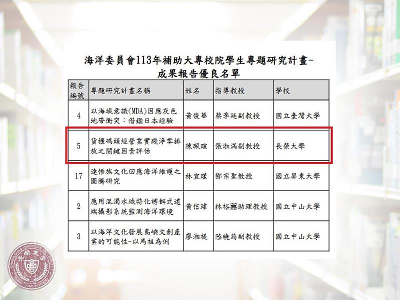 長榮大學航管系陳珮瑄同學的研究計畫榮獲「海洋委員會大專校院學生研究計畫」的「優良成果報告獎」