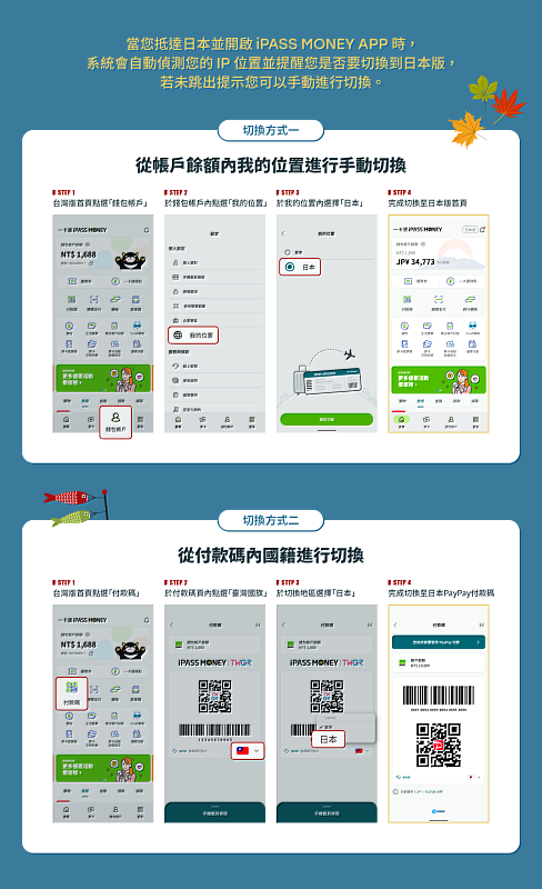 一卡通 iPASS MONEY APP於日本欲使用 PayPay 付款有兩種切換方式