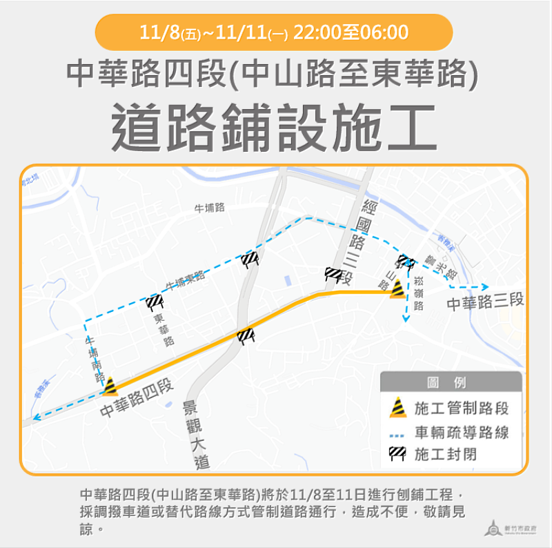 竹市中華路四段（中山路口至東華路口）11/8~11/11進行道路刨鋪工程  竹市府提醒用路人改道