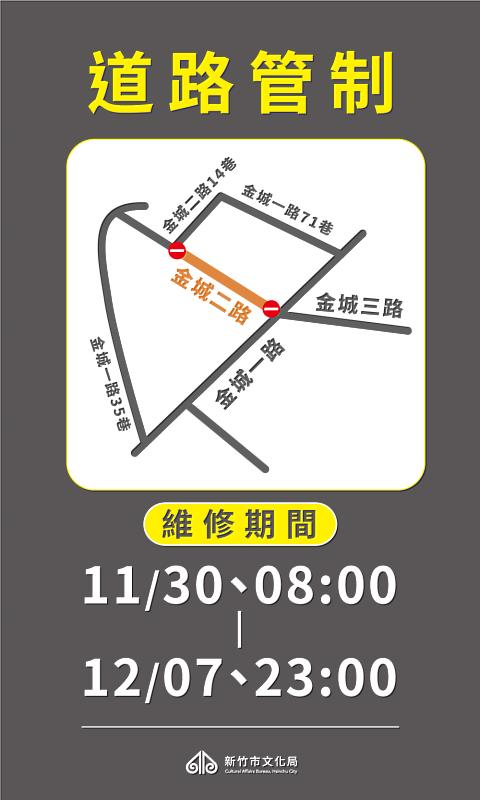 將軍村「金城二路路段路面改善」自11月30日8時起至12月7日23時止。