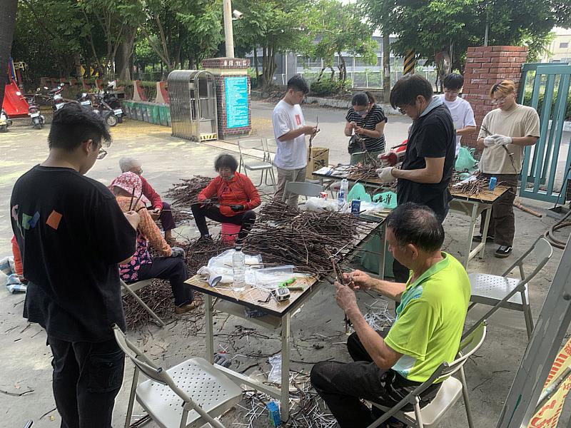 大葉大學師生與居民一起綁葡萄藤