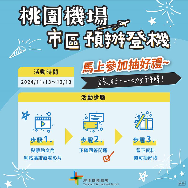 桃園機場即日起到12月13日，看影片抽好禮活動，多項好禮等你抽。