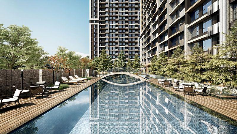 「新濠岳」公設擁有近千坪的泳池花園,湛藍之眼湖映泳池,宛如一幅自然美景。(圖/泳池3D示意圖)