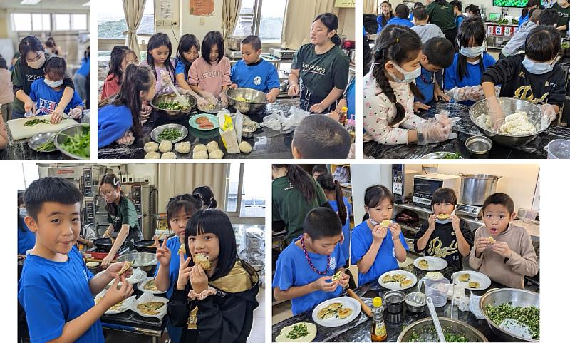 小學生掌握食品加工技能，將野菜轉化為美味的煎餅料理，體驗從土地到餐桌的全過程。