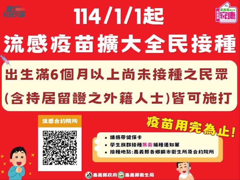 114年起流感疫苗擴大全民接種！嘉縣民請把握最後1萬劑機會