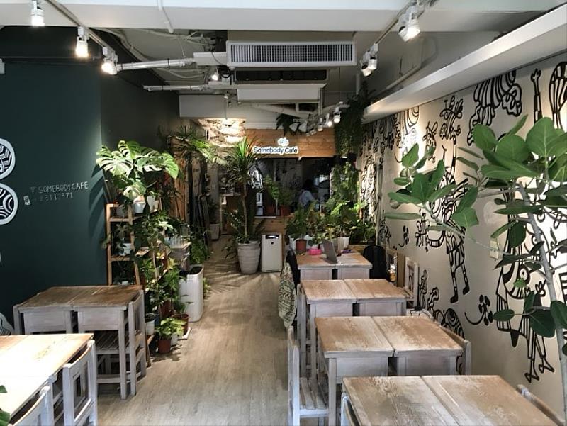 隱身西門町老公寓二樓的貳拾陸巷Somebody Cafe，沒有明顯招牌，很容易錯過，插畫家張凡旋特別繪製的童趣壁畫和滿室綠意盎然的植栽與戶外的車水馬龍形成強烈對比。