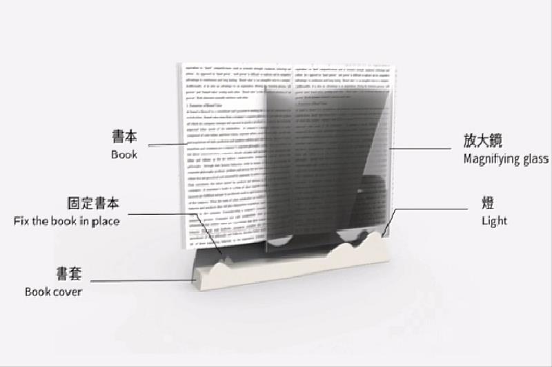 圖／「老人閱讀輔助書套」結合放大鏡和燈照功能，減輕長輩用眼壓力。