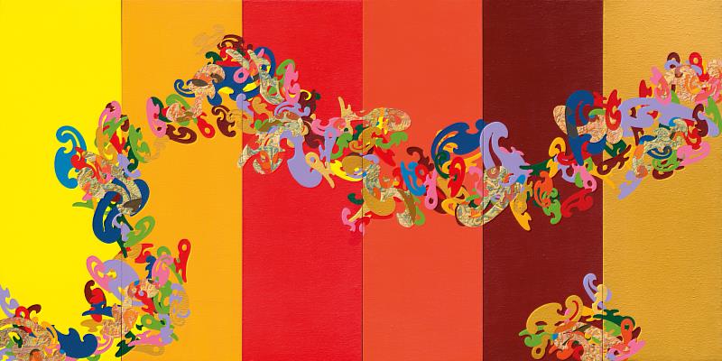 「廖修平90大展」展覽作品〈吉祥〉,2023年。繪畫、壓克力、金箔、畫布,40x120cm×6(畫心)