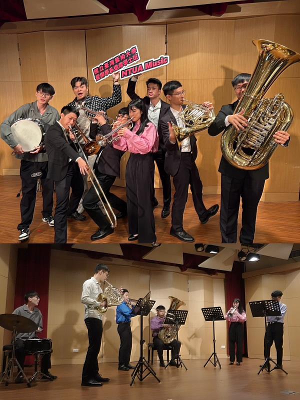 「The 8rass 銅管重奏團」以銅管五重奏形式演奏「Fly me to the moon 」經典曲目,演奏家為彭康倫、黃冠慈、許永慶、鄭于凡、胡李豐駿、張祐翔(音樂系提供)