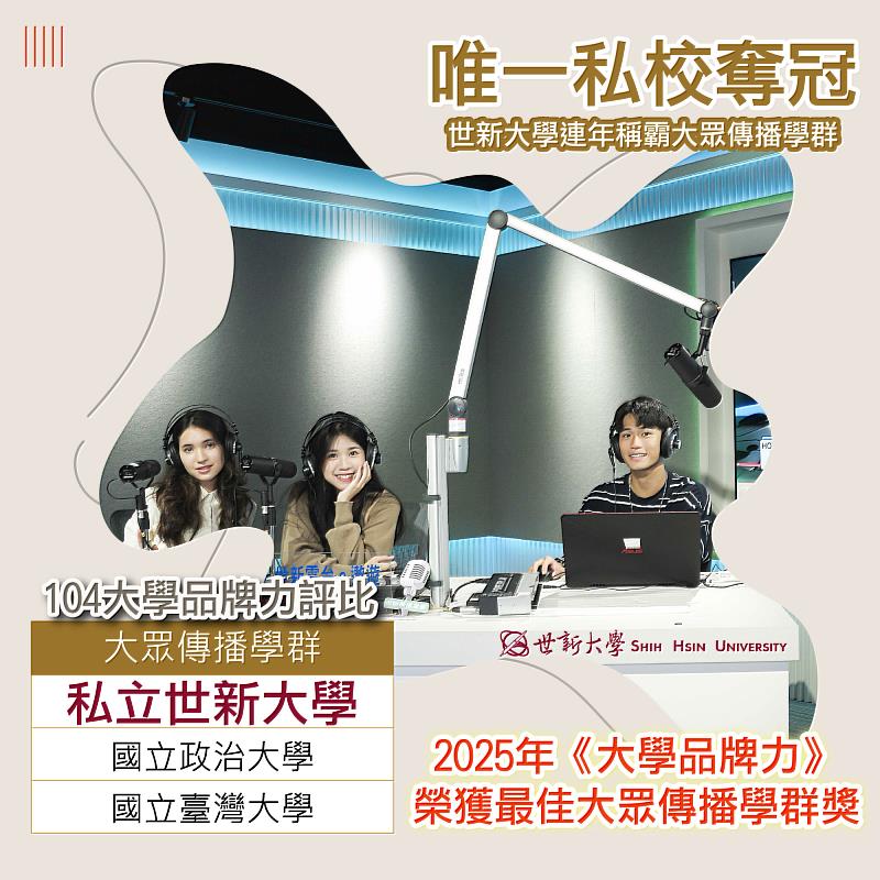 世新大學再度稱霸《大學品牌力》報告，蟬聯大眾傳播學群全國第一名。（世新大學提供）