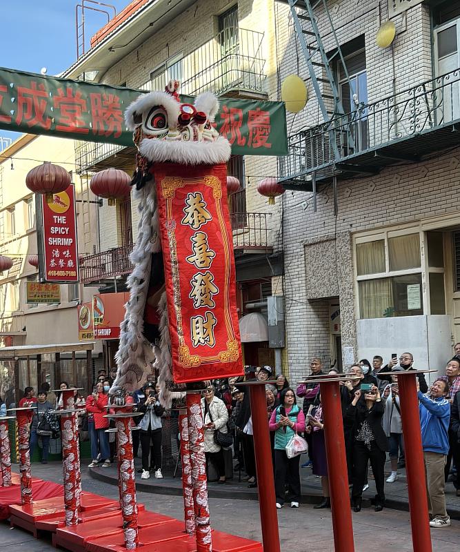 梁館白鶴龍獅團帶來舞獅表演，眾人紛紛喝采