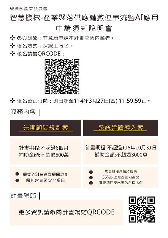 「114年度智慧機械-產業聚落供應鏈數位串流暨AI應用主題式研發計畫」徵件至4月18日截止，報名資訊請至雲世代數位轉型網站查詢。