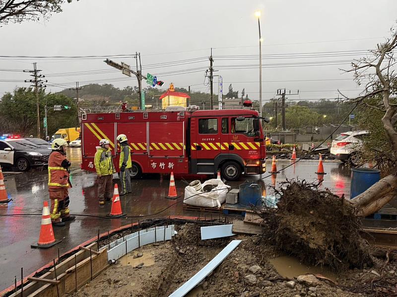 圖1 強降雨致香山中華路路樹倒塌，竹市府跨局處迅速應變恢復交通。