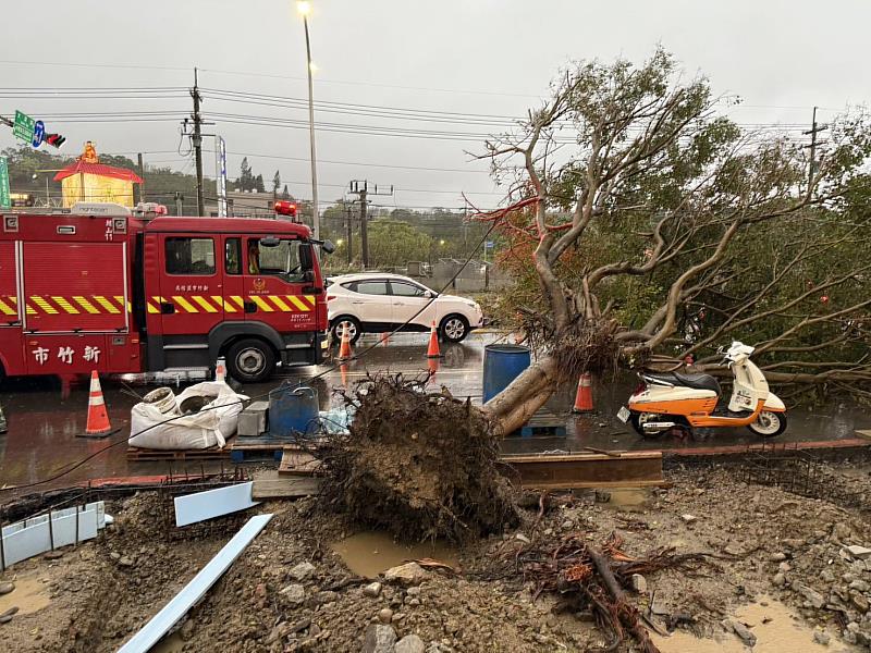 圖3 強降雨致香山中華路路樹倒塌，竹市府跨局處迅速應變恢復交通。