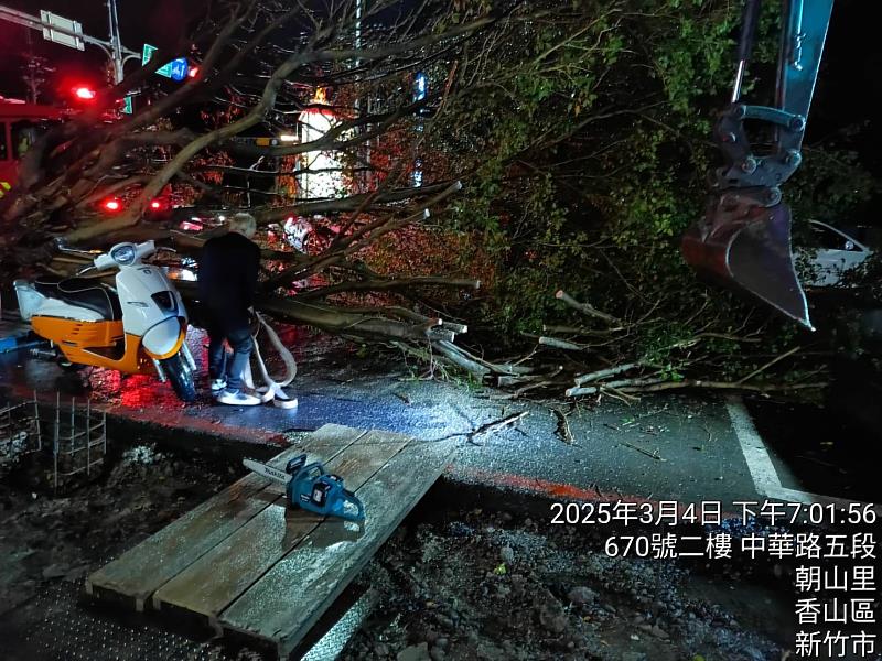 圖4 強降雨致香山中華路路樹倒塌，竹市府跨局處迅速應變恢復交通。