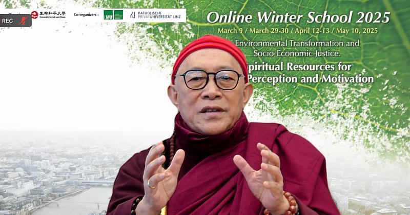 Master Hsin Tao Delivers a welcome address at the opening of the Ling Jiou Mountain University for Life and Peace (ULP) 2025 Online Winter School program on March 9. (Photo courtesy of ULP)
