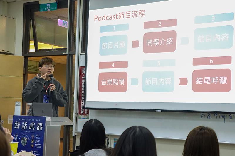 世新廣電系優秀校友、廣播金鐘獎得主黃柏諺親授 Podcast 製作秘訣，分享聲音創作的核心技巧。（世新大學提供）