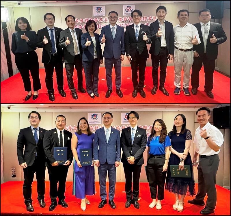 (上圖)阮昭雄、董思齊與郭修敏及駐泰國代表處官員們合影；(下圖)與臺灣青商會幹部合影