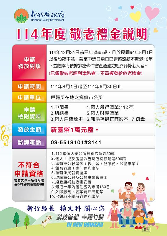 新竹縣續發敬老禮金一萬元,自4月1日起到9月3 0日止受理申請。