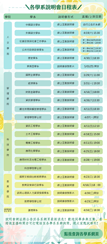 暨大各學系說明會日程表。