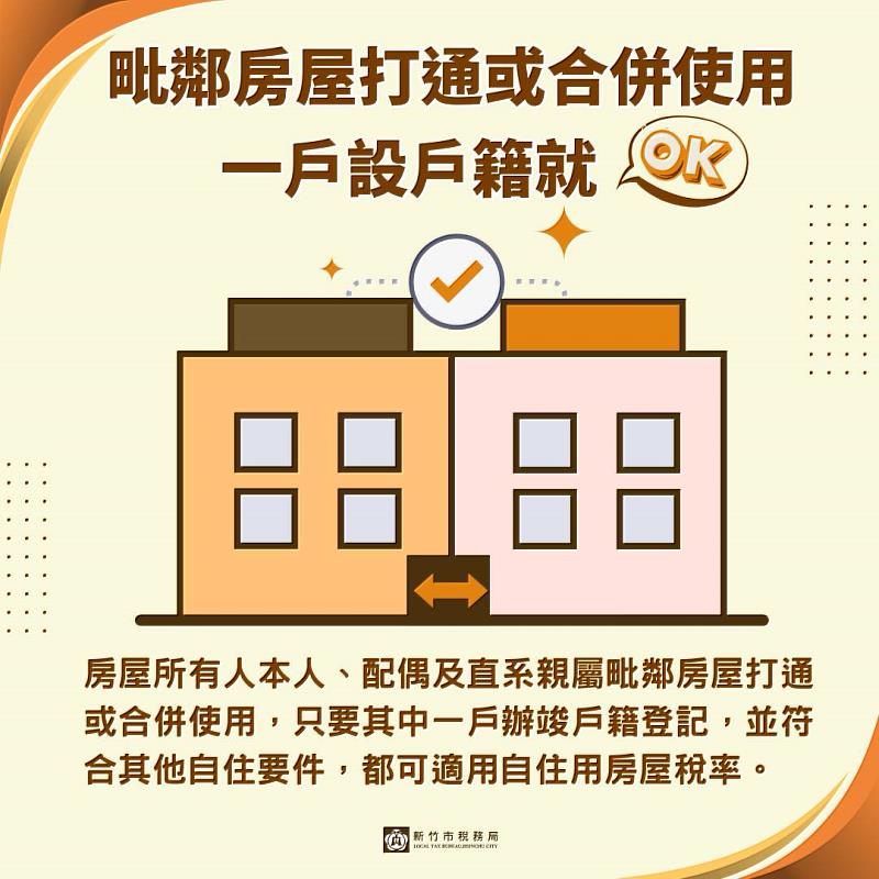相鄰房屋打通或合併使用，符合條件可適用「自住」住家用稅率。