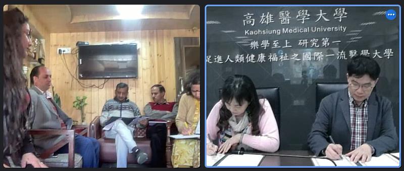 Shivalik護理學校Shama Lohumi校長(左圖右1)及護理系Khushi Ram主任(左圖中)與高醫大周汎澔副校長(右圖左)及生命科學院許智能院長(右圖右)，分別代表雙方簽署MOU