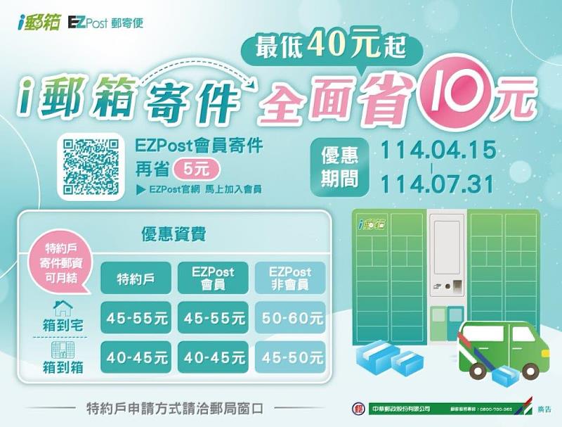郵局i郵箱推出限時優惠 寄件全面省10元 資費最低40元起/中華郵政提供