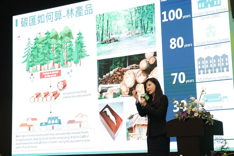 中興大學森林學系柳婉郁教授以深入淺出的方式，剖析林產品碳匯計算方式，並強調國產木材在減碳及綠色建築中的關鍵角色