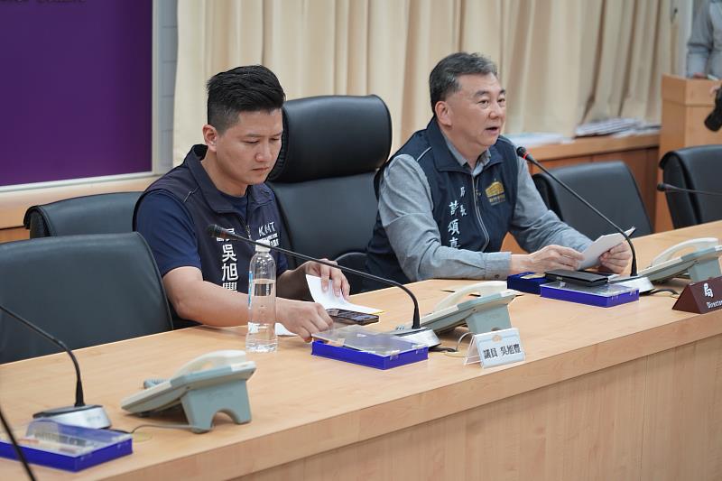 警察局長許頌嘉與市議員吳旭豐在防詐交流會議，及青年商會代表共同關注防詐議題，支持強化社區防詐意識。