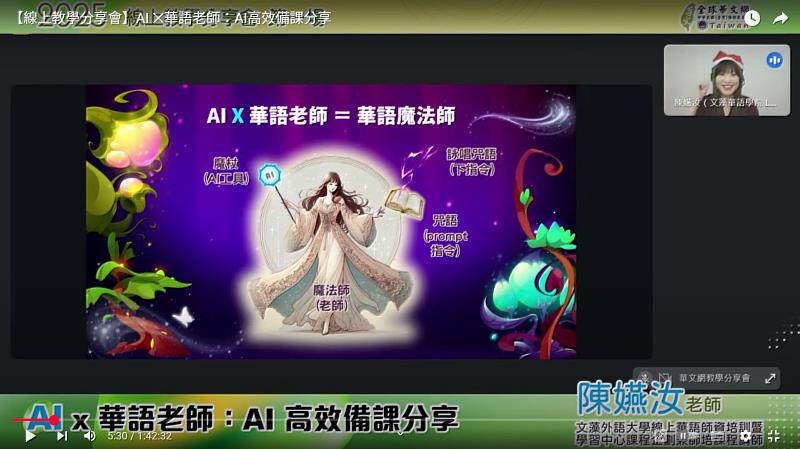 文藻線上華語教學團隊陳嬿汝老師(右上)受僑務委員會全球華文網之邀，於YouTube平台進行「AI ✕華語老師：AI高效備課分享」直播分享會，獲得熱烈回響。