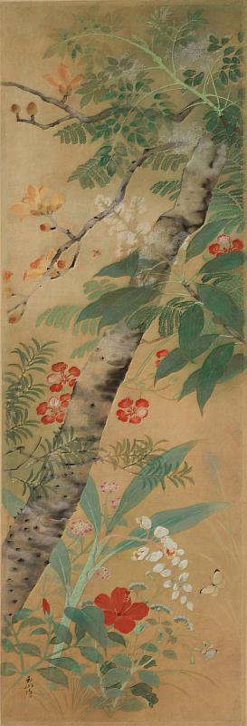 林玉山，春夏花卉，1928，膠彩，125.1x41.3公分。國立臺灣美術館典藏。