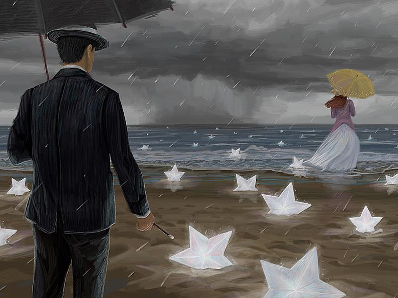 〈星星掉落的時候 When the Stars fall〉
陰雨綿綿的海邊，男子撐著黑傘，女子撐著黃傘，隔著潮濕而遙遠的距離，彼此靜靜凝望。星星落在沙灘上，如記憶中未盡的願望，雖微弱卻不滅，仍閃爍著堅持與溫柔。