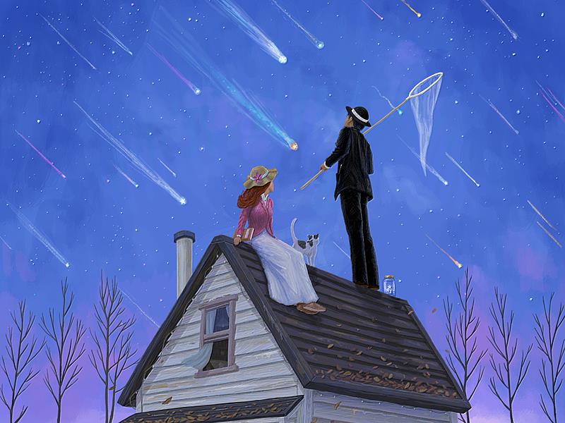 〈最完美的星星 The Perfect Stars〉｜主視覺在靜謐的夜空下，一對人物與貓咪在屋頂仰望流星，一人手持捕網，彷彿要將最耀眼的星光收藏。童話與現實交織，溫柔描繪出追夢與陪伴的詩意時光。