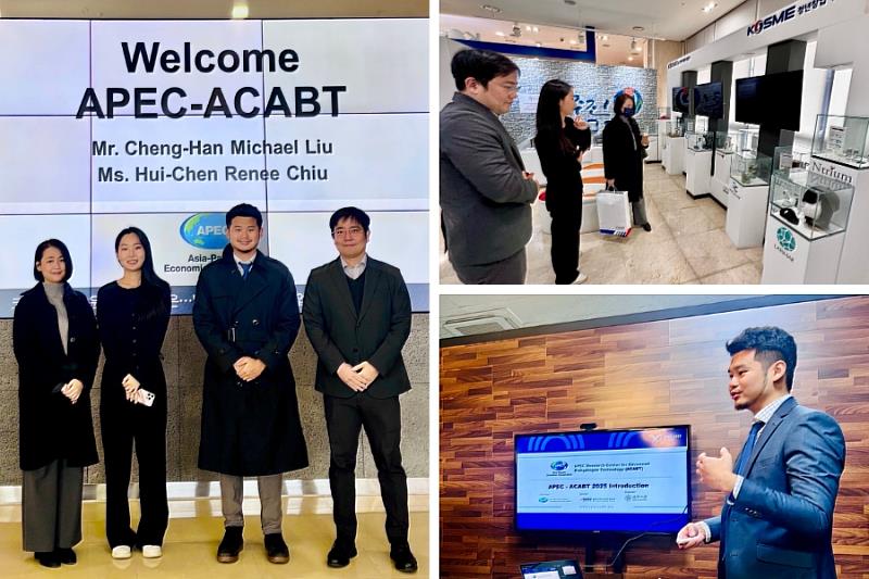APEC-ACABT代表劉承翰專案經理(右2)與邱惠臣專案秘書(左1) 赴韓國晉州，與SMEIC代表在韓國中小及新創企業振興院(KOSME)展開場外合作會談。