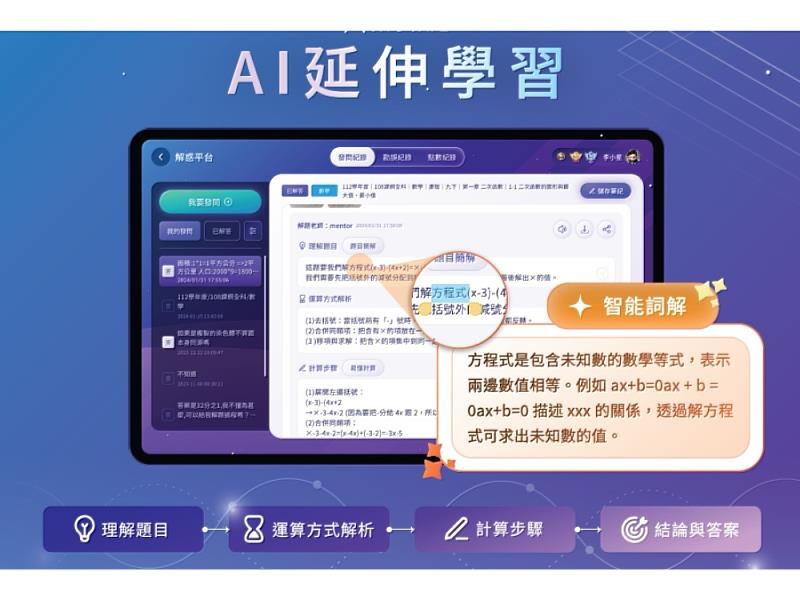 AI延伸學習實現「從解惑到精練」的智能躍升，打造真正會教、會補強的強力學習助理。