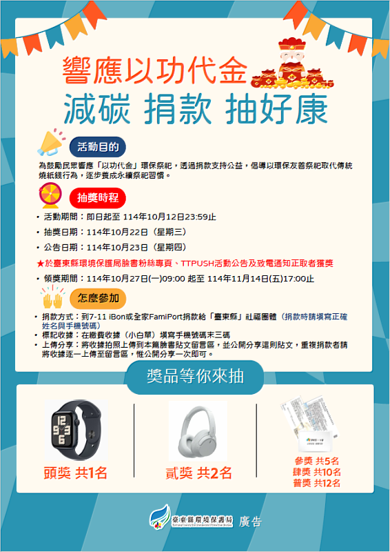 臺東抽獎活動開跑！ 「以功代金」捐款就有機會抽Apple Watch等多項好禮
