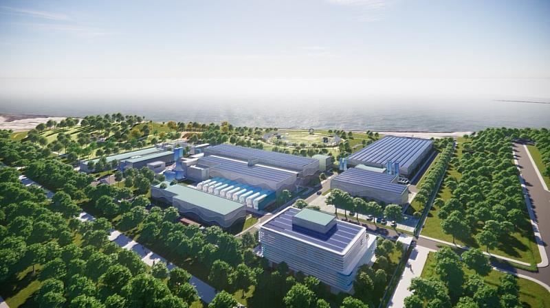 新竹海淡廠3D模擬示意圖。廠區設計結合海岸景觀,成為節能低碳的濱海休憩公園。