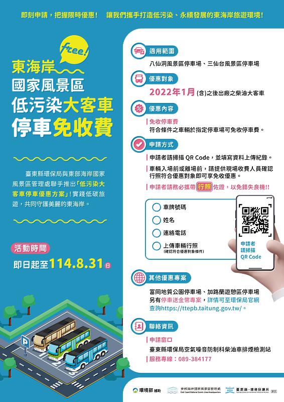 臺東縣環保局攜手東管處 推出低污染車輛停車優惠 9月前可受理申請 攜手打造低碳東海岸