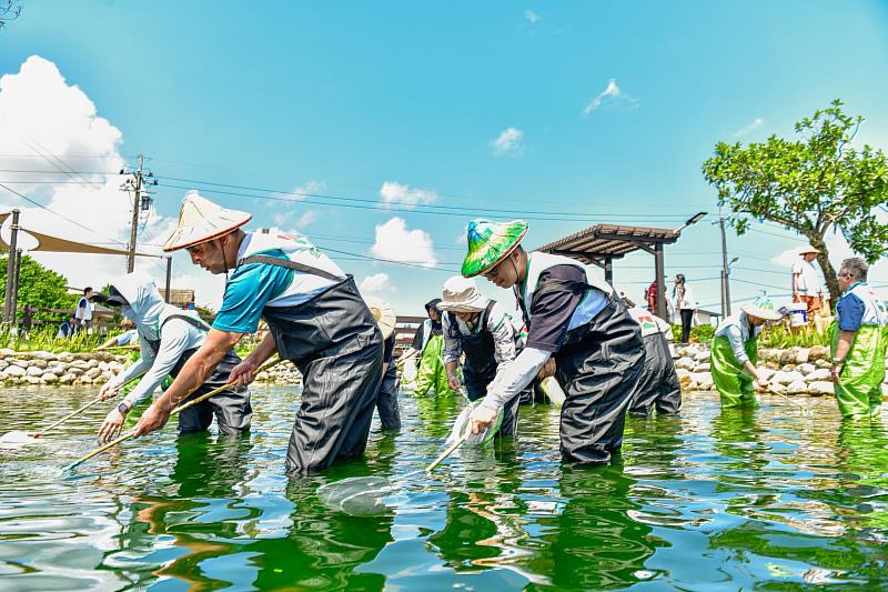 信義志工穿著蛙裝、浸泡在生態池手起網落，撈出水藻，池水漸漸清澈。