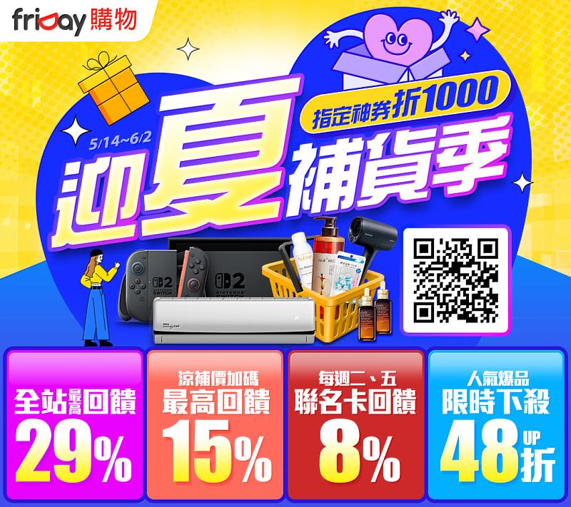 friDay購物即起推出【迎夏補貨季】促銷，涼夏商品最低下殺２折，全站最高回饋29%，針對指定空調品牌、廚房小家電、行李箱等還加碼祭千元神券，現買現折，搶攻涼夏商機！