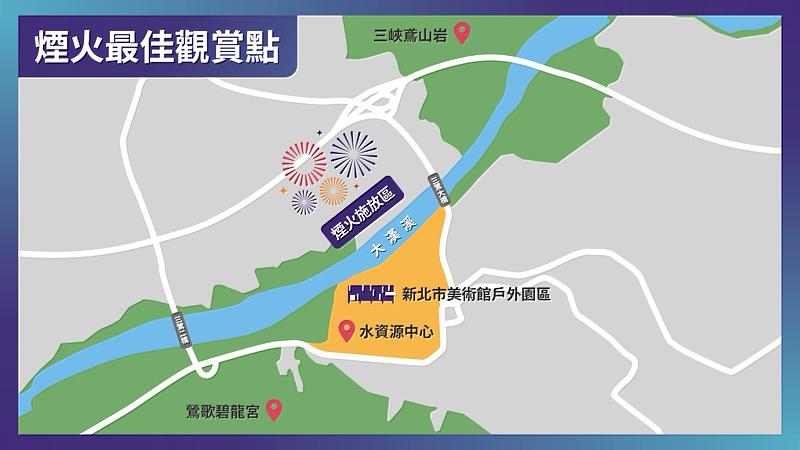 世壯運閉幕煙火觀賞點除新北市美術館戶外園區，亦可至三鶯水資源回收中心（步行進入）、鶯歌碧龍宮、三峽鳶山岩等周邊高地。