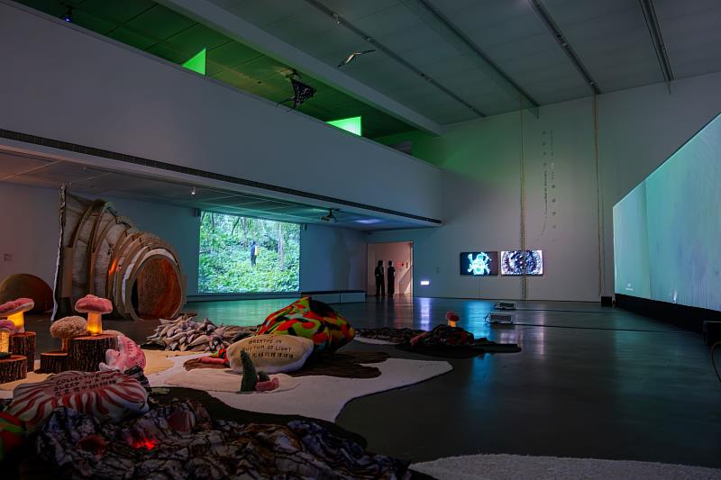 呂岱如以共同策展人身分，於高雄市立美術館舉辦之「山演算」展覽（駐英國代表處文化組提供）