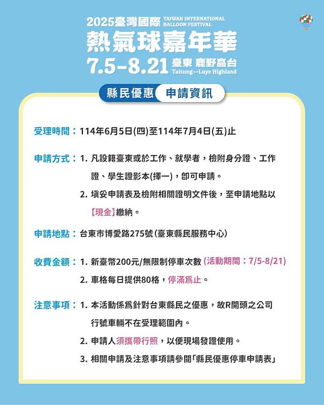 熱氣球嘉年華即將登場 臺東縣民或縣內服務就學者 享200元無限次停車優惠 5日起受理申請